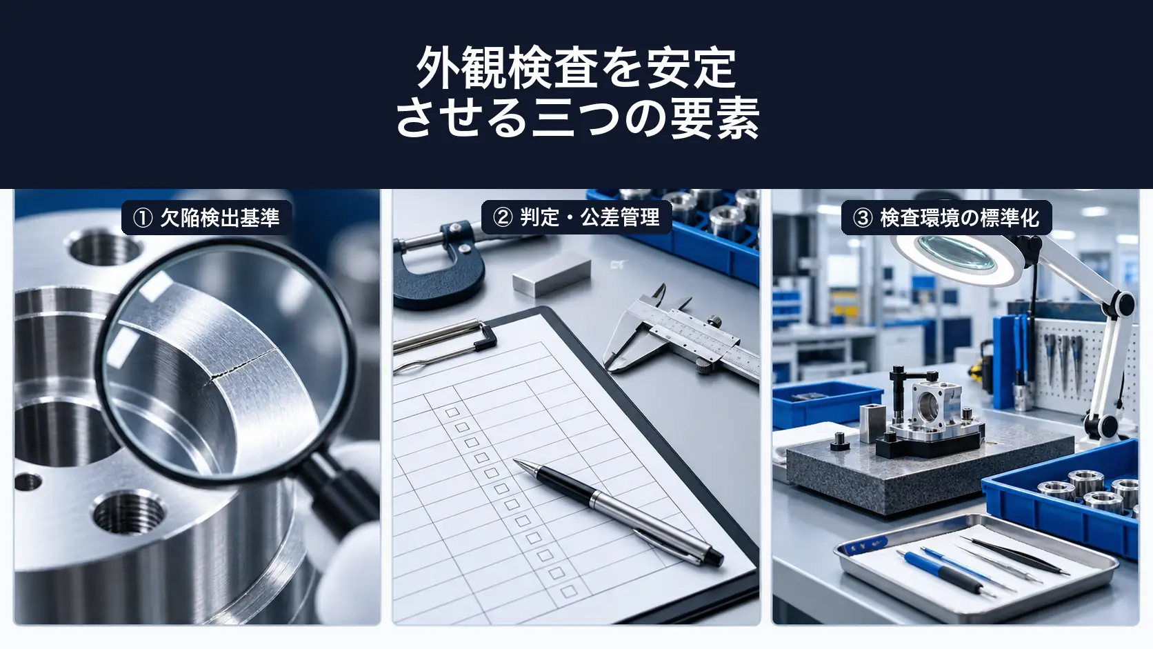 外観検査を安定させる三要素である欠陥検出基準、判定・公差管理、検査環境の標準化を示す構造図